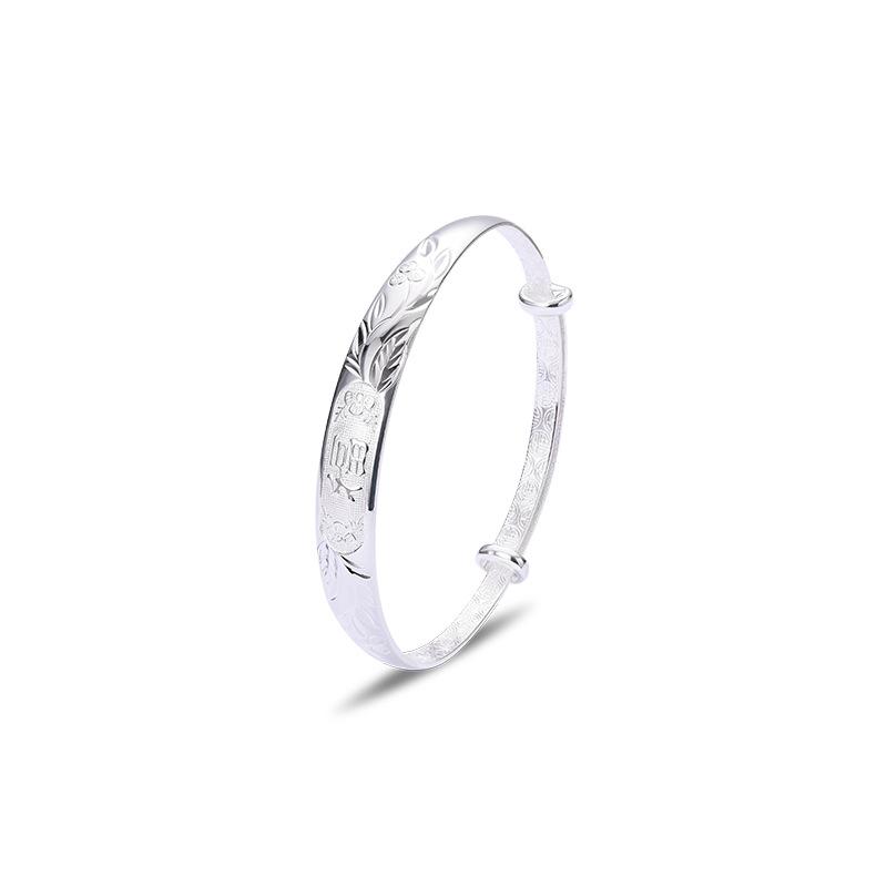 China-Chic National Style S990 Full Silver Bracelet Fu Word Bracelet Sterling Silver Women's Simple Temperament Silver Jewelry Queen's Day Gift