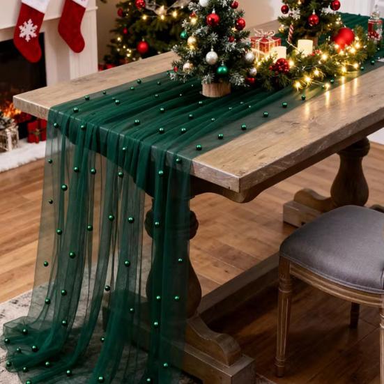 Faux Pearl Gauze Table Runner Boho Sheer Tulle Fabric Table Runner for Wedding Bridal Shower Birthday Party Dining Table Decor