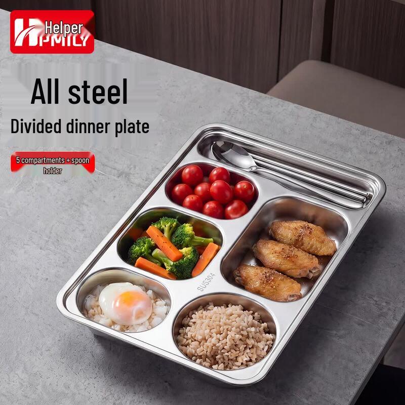 HPMILY 304 Stainless Steel 5-Compartment Lunch Plate with Spoon Slot (2-Pack)