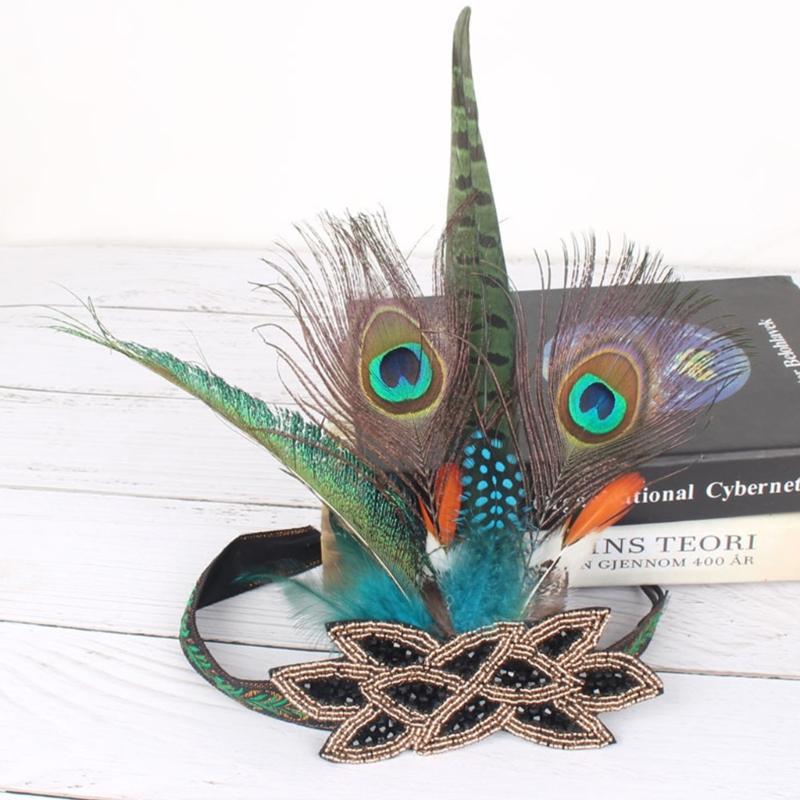 Ethnic Style Headband with Rhinestone&Feather Decors Unique Hair Hoop Women Bride Wedding Party Taking Photo Headband