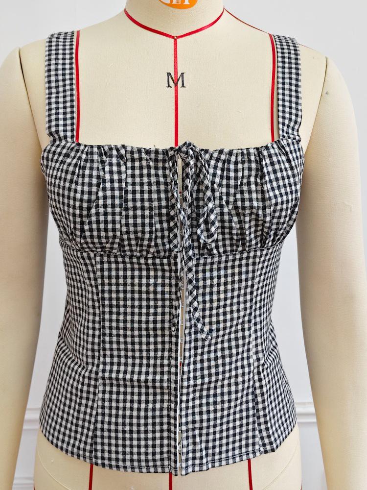 2025 Sweet & Spicy Slim-Fit Spaghetti Strap Plaid Elastic Top - European & American Summer Style