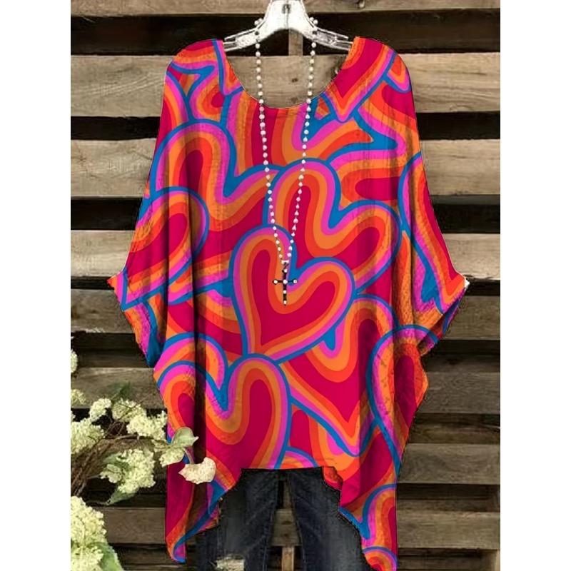 Damen T-Shirts Regenbogen gestreift Herzmuster Rundhals-Tees Vintage Asymmetrischer Saum Rundhals-Oberteile Vielseitige Lockere Damenbekleidung
