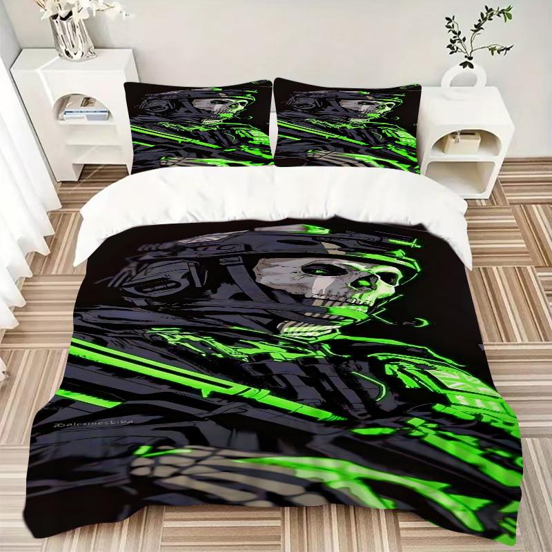 3pcs Neon Green Skull Military Uniform Home Bedding Set-Universal Three-Piece Suit for Bedroom, Guest Room, Living Room, Hotel-Perfect Gift
