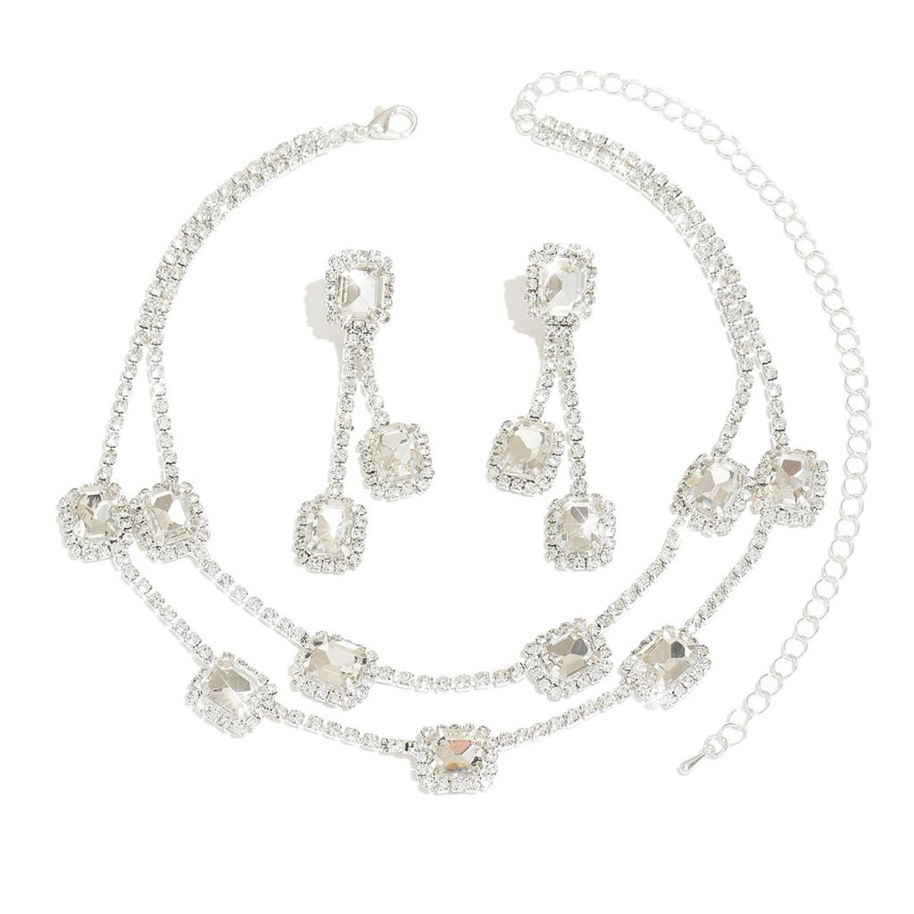 Zircon Square Fringed Earrings, Royal Style Earrings and Necklace, Luxurious Wedding Accessory