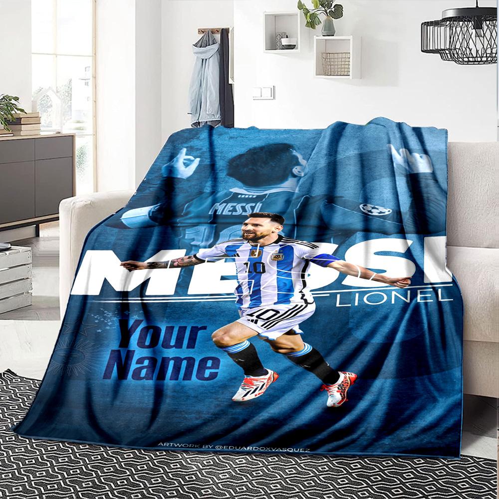 Football Messi Personalized Text Blanket Gift Customizable Blanket Soft Warm Cozy Throw For Picnics Nap Bed Sofa Ideal for All Seasons
