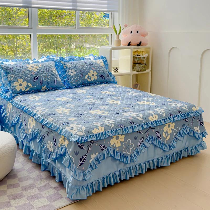 Copriletto trapuntato addensato in cotone 100% Copriletto trapuntato king size queen size Gonna da letto in pizzo principessa Copriletto in puro cotone non inclusa federa