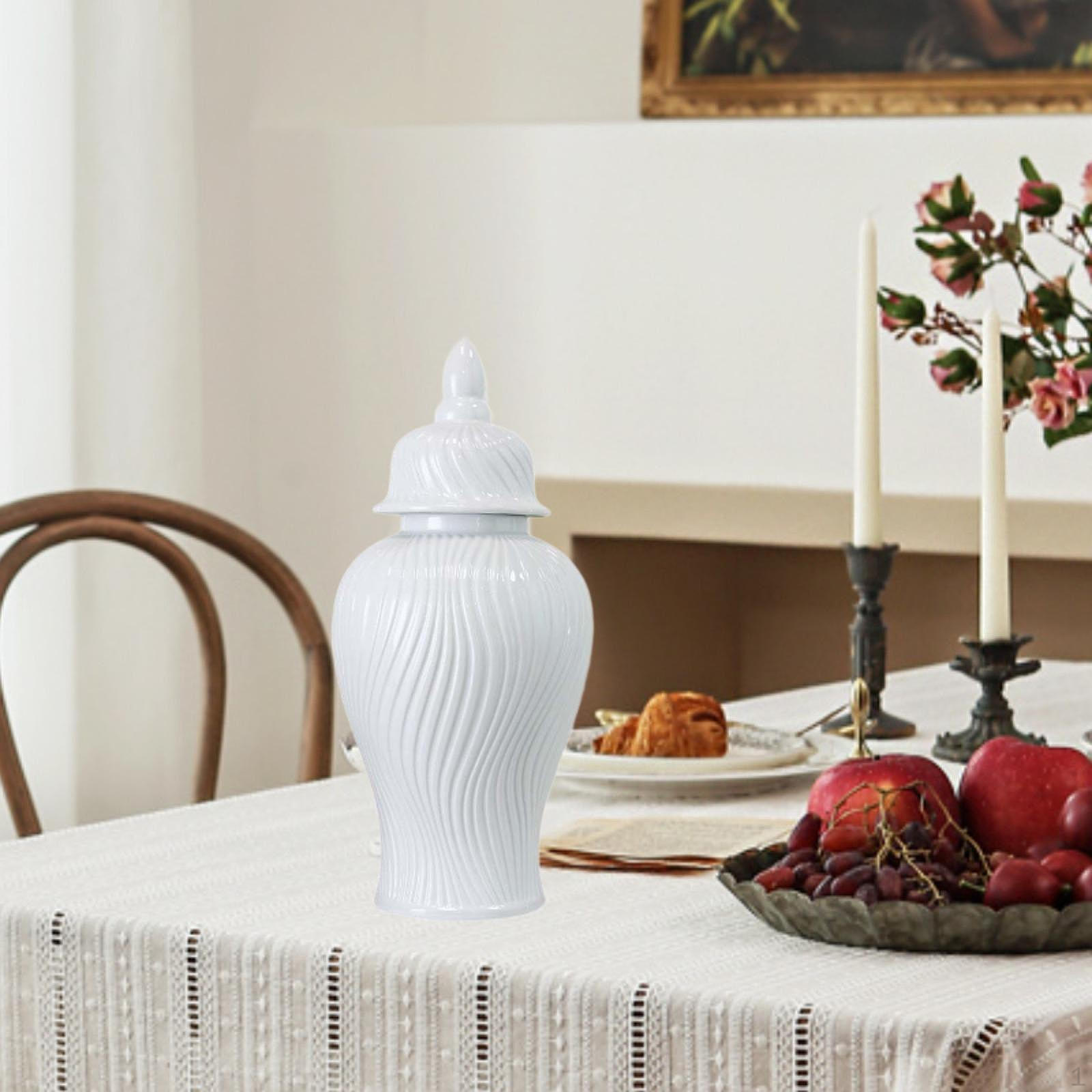 

-Ginger Jar, Porcelain Vase with Lid, Multifunctional Decorative Flower for Collection, White
