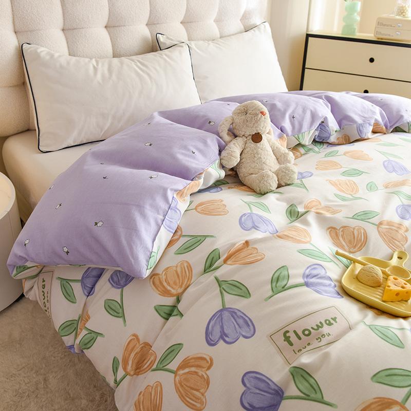 Yellow Tulip Duvet Cover 1Pcs Purple Flowers Pattern 100% Cotton Zipper Quilt Cover Skin-friendly Comfortable Queen Size Bedding