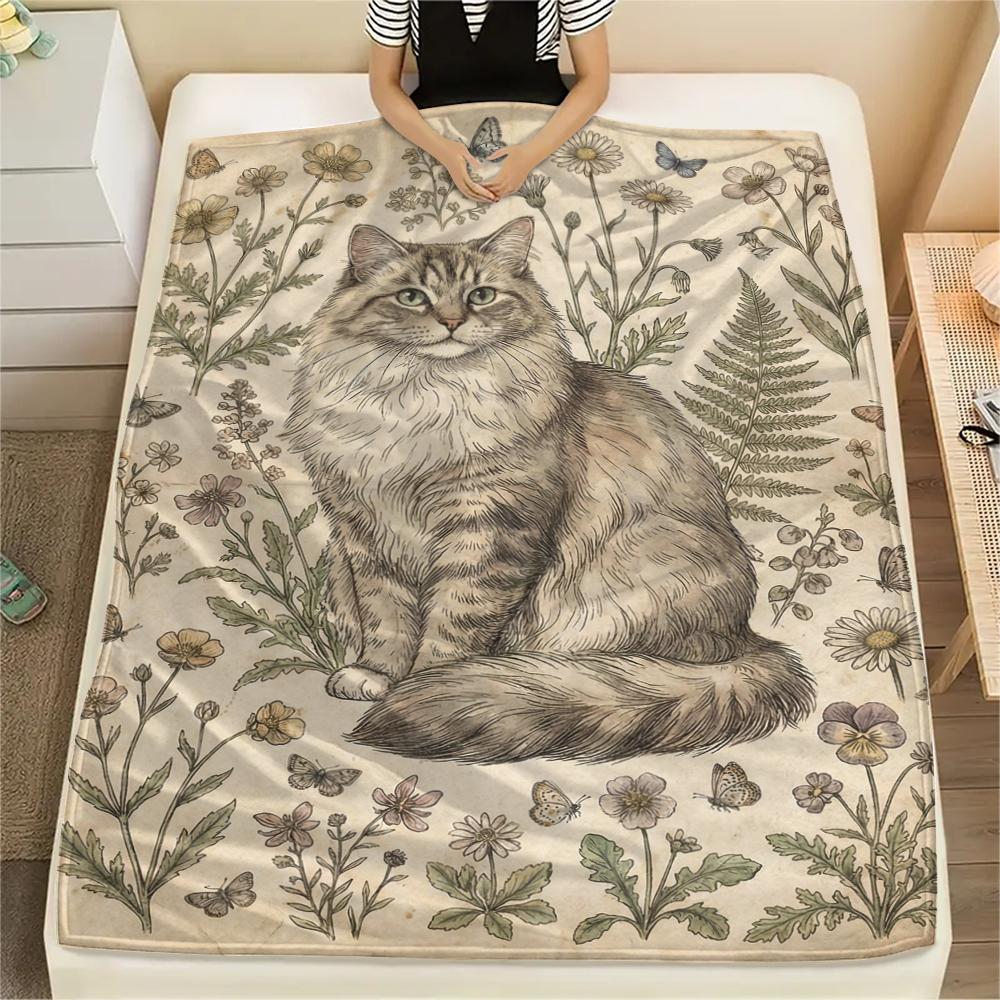 Cat Retro Print Flannel Blanket, High Quality Comfortable for All Seasons, Home Decor, Warmth and Comfort, Perfect for Christmas Gifts08