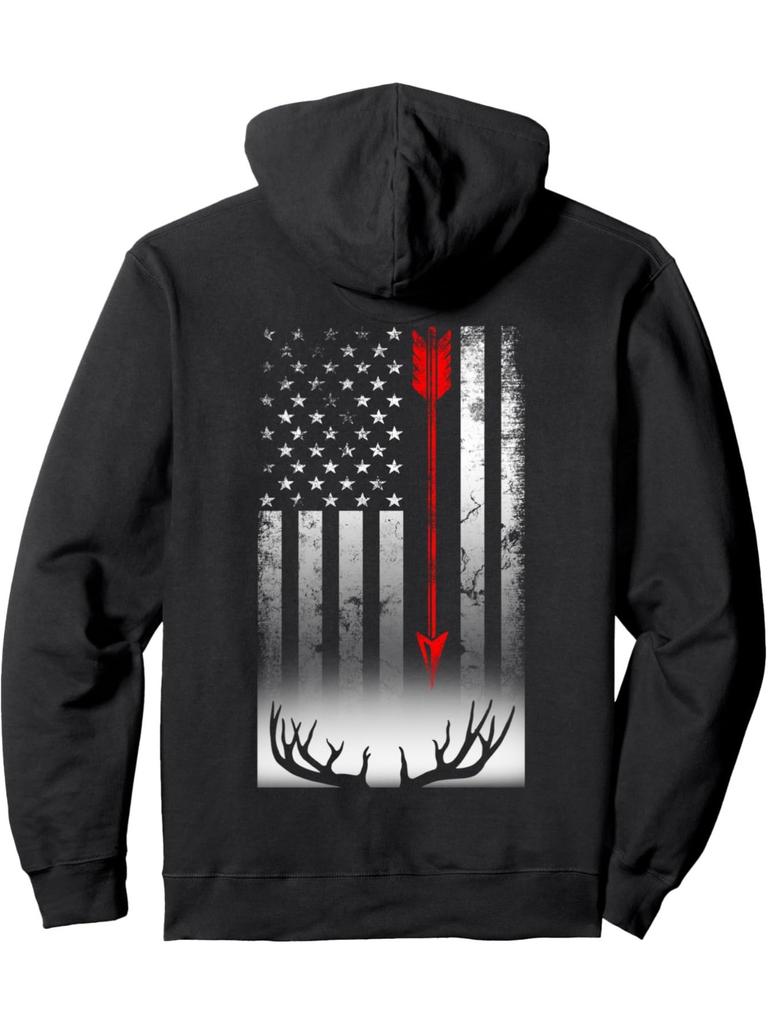 American Flag & Deer Print Hoodie Classic Black Pullover with Kangaroo Pocket Blend Casual Style for Bow Hunting Sweatshirt Comfor