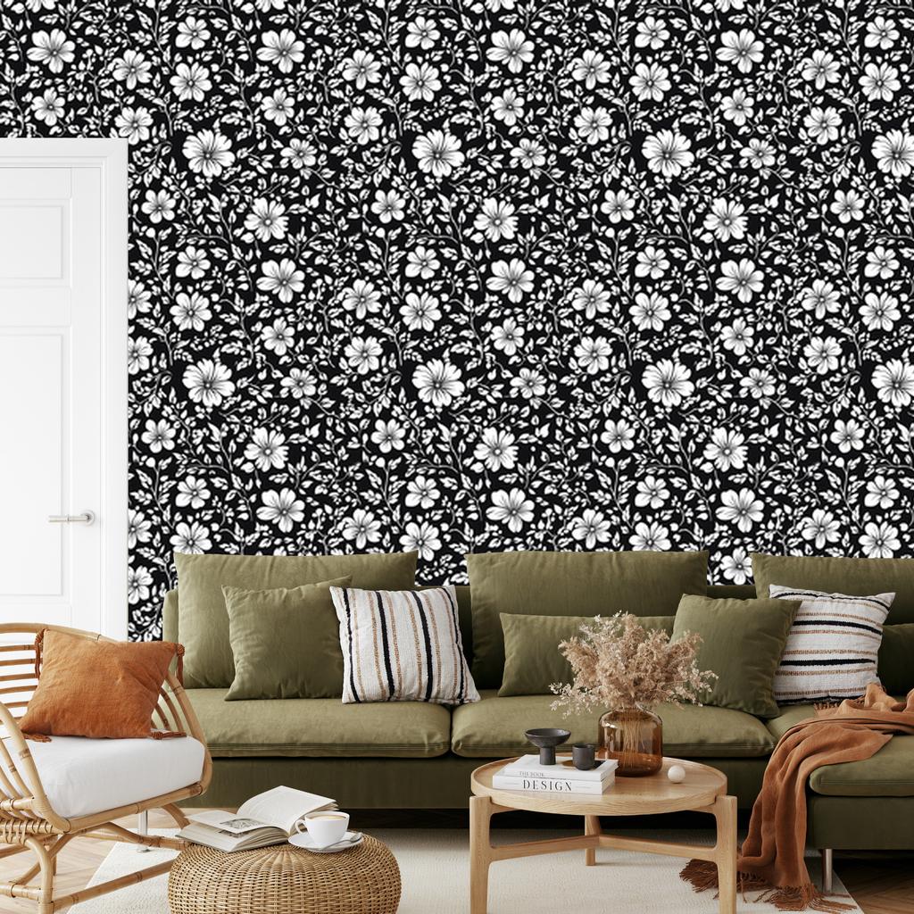 Wallpaper Black and White Flowers Graphite and Gray for Living Room and Bedroom 50x1000