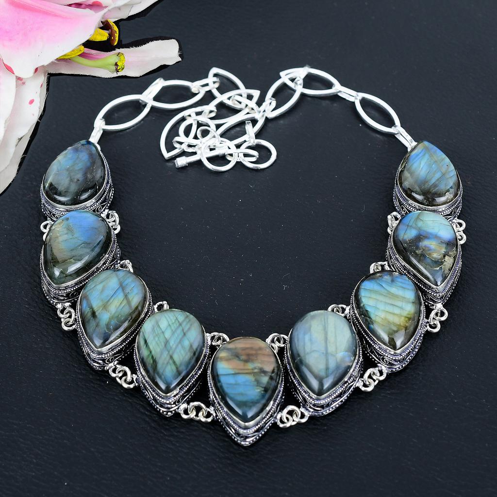 Labradorite Gemstone Handmade 925 Sterling Silver Jewelry Necklace 18" KG-1628