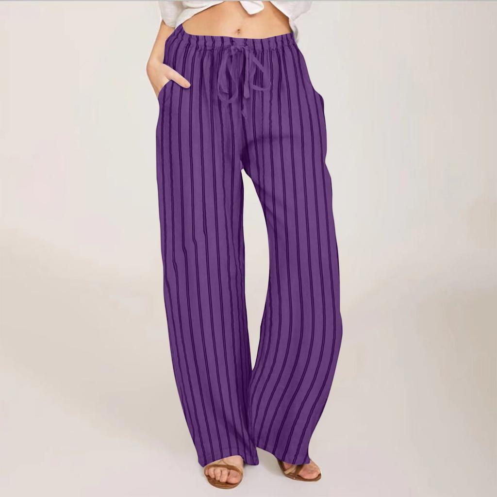 Ladies' Loose, Comfortable, Casual, Fashionable Striped Cotton And Linen Pants With Pockets