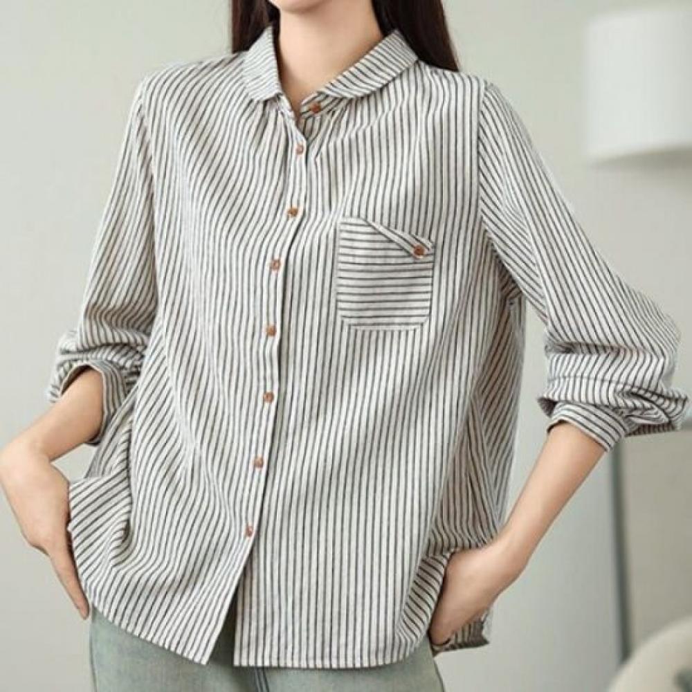 Navava Women Retro Pocket Stripe Long Sleeve Shirt Nb2976