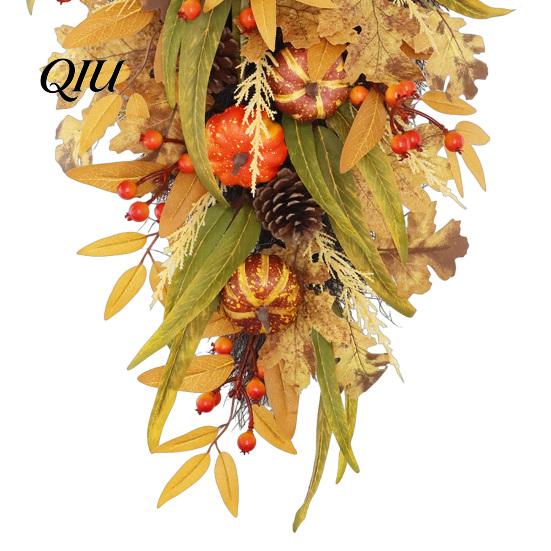 Decorative Fall Home Accessories Artificial Teardrop Swag, Faux Pumpkins Berries Pinecones Leaves Door Lifelike Pinecone Berry Garland Autumn Harvest