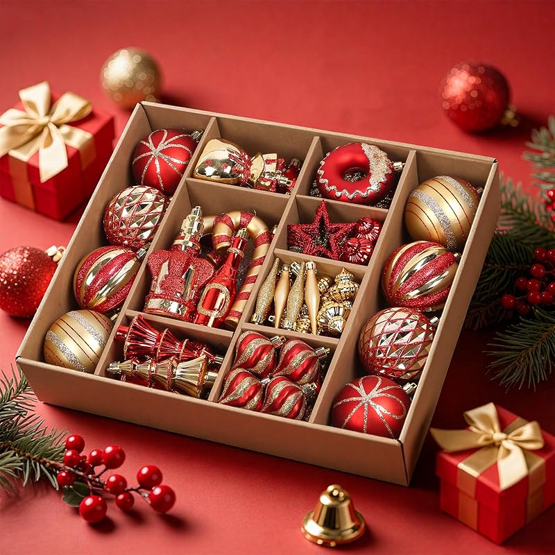 SHareconn 70pcs 2025 Classic Christmas Balls Ornaments Set, Shatterproof Plastic Baubles, Ribbon and Tree Topper for Xmas Tree Holiday Wedding Party Red and Gold