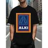 Men's T-shirt for Summer,  "ALKI" Wine Bottle Pattern Printed Short-sleeve, Casual, Comfortable and Versatile , Crew-neck , for Daily and Sports Wear