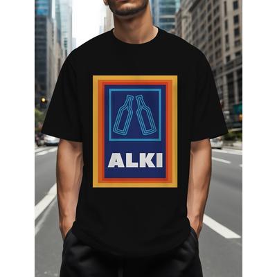 Men's T-shirt for Summer,  "ALKI" Wine Bottle Pattern Printed Short-sleeve, Casual, Comfortable and Versatile , Crew-neck , for Daily and Sports Wear
