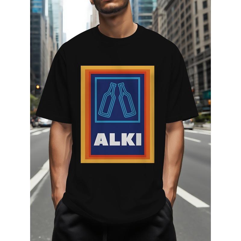 

Мужская футболка на лето, с принтом ALKI в виде винной бутылки, с коротким рукавом, повседневная, удобная и универсальная, с круглым вырезом, для повседневной носки и занятий спортом S чёрный