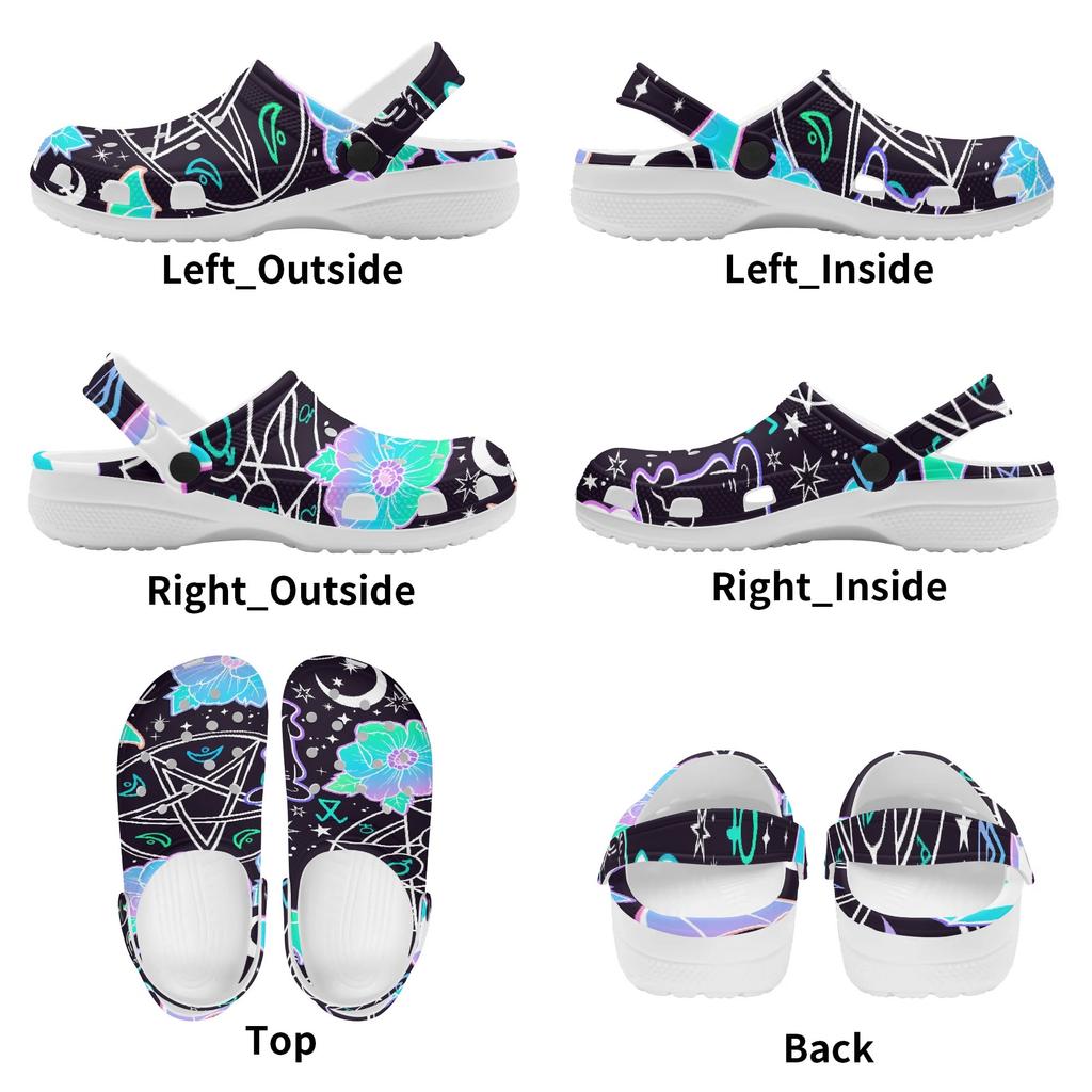White EVA Clogs with Colorful Eye Print, Lightweight Slip On Garden Shoes, Breathable Beach Sandals, Indoor Outdoor Slippers for Men Women