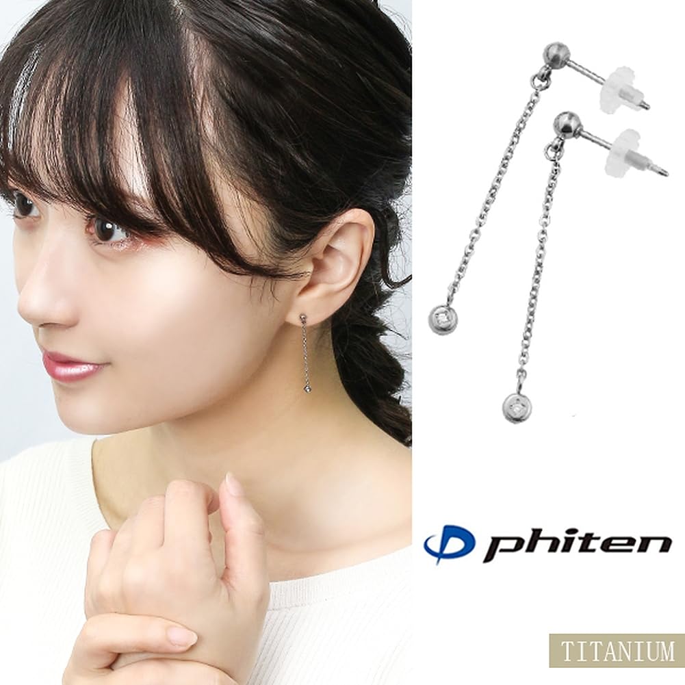 [Fe-fe] fe-fe x phiten [Special Edition] Phiten Titanium Women's 2-Piece Earrings with Diamond Charm Studs, Long, Sporty