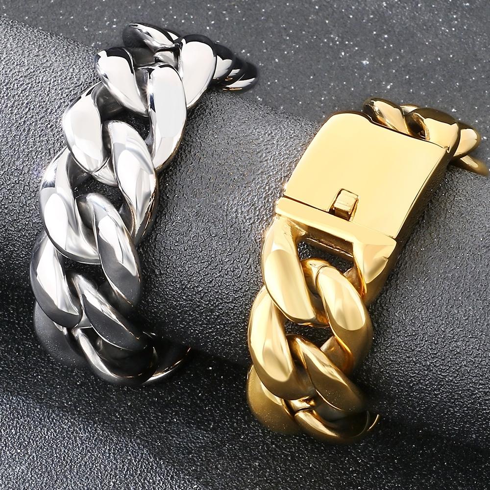 Hochbelastbares 25 mm breites kubanisches Gliederarmband für Herren Hochglanzpolierter Edelstahl Herrenkette Auffälliger Hip-Hop-Männerschmuck Wasserdicht