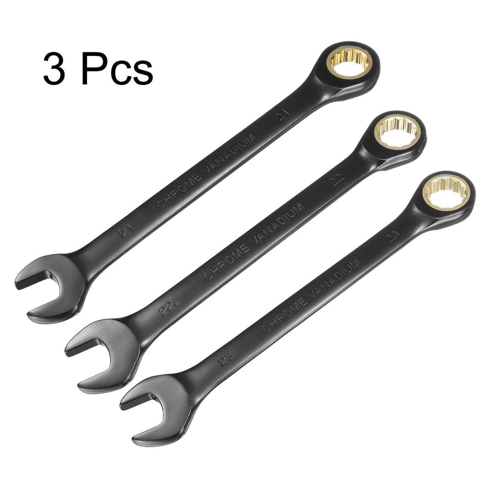 uxcell 3-Piece Ratchet Wrench Set 21-23 mm Metric Open-End Wrench 72 Teeth CR-V Steel 12-Point Nickel Plated Combination Ratchet Wrench for Fasteners,