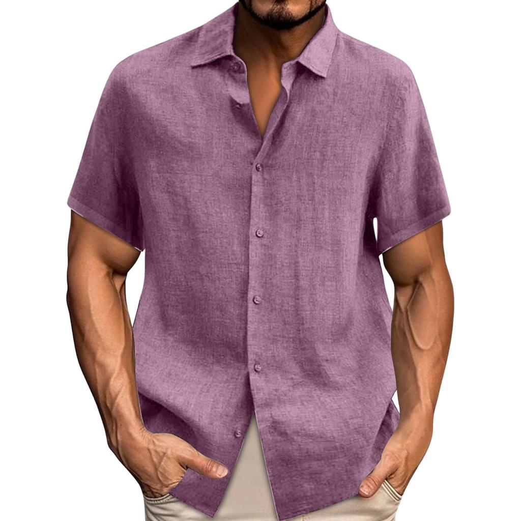 Spring Summer Men's Casual Cotton Linen Color Short Sleeve Shirts Loose Shirts