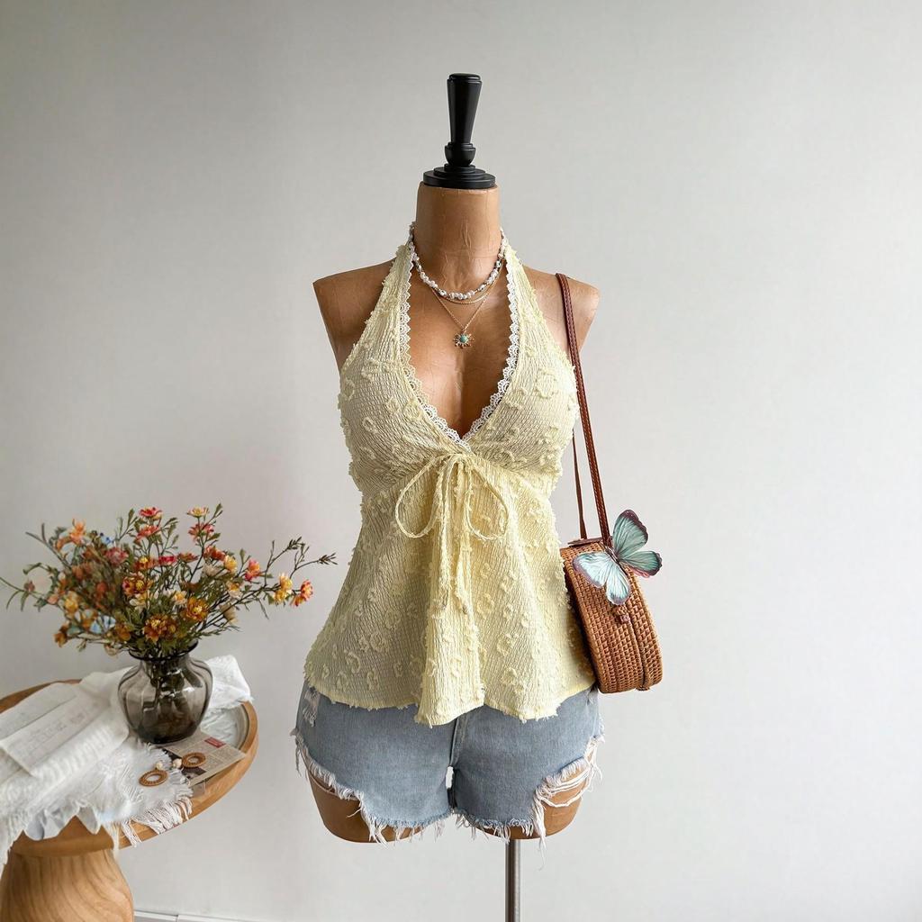 2025 Summer European & American Halter Strap Lace-Up Waist-Cinched Bandeau Top