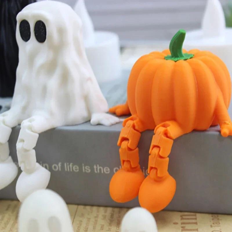 3D Printed Cute Ghost Figurines Fidget Toys Joint Movable Ghost Pumpkin Statue Desk Decoration Ornaments Halloween Gift