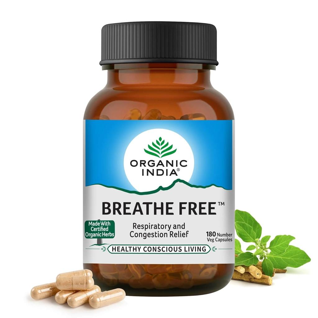 TATA Organic India Breathe Free 180 Veg Capsules for Respiratory Wellness and Clear Breathing