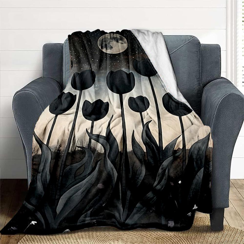 1PC Moonlit Tulips Outdoor Blanket Lightweight Flannel, Soft & Warm, All-Season Use for Sofa, Outdoor, Camping, Living Room, Office58
