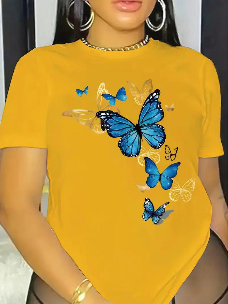 European and American Women's Yellow Short-Sleeved Top with Picture Design