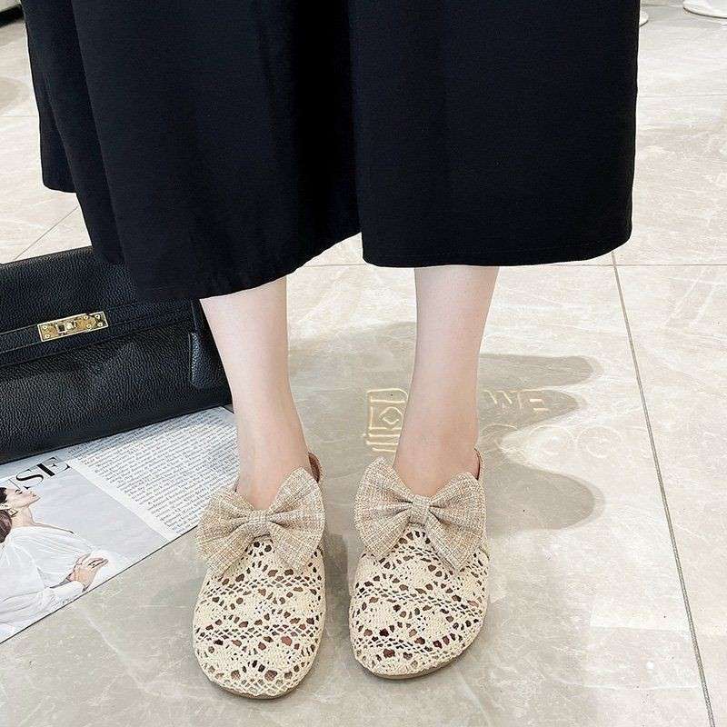 Bow slippers women's 2025 new temperament flat bottom breathable hollow bag head half slippers wearing lace slippers