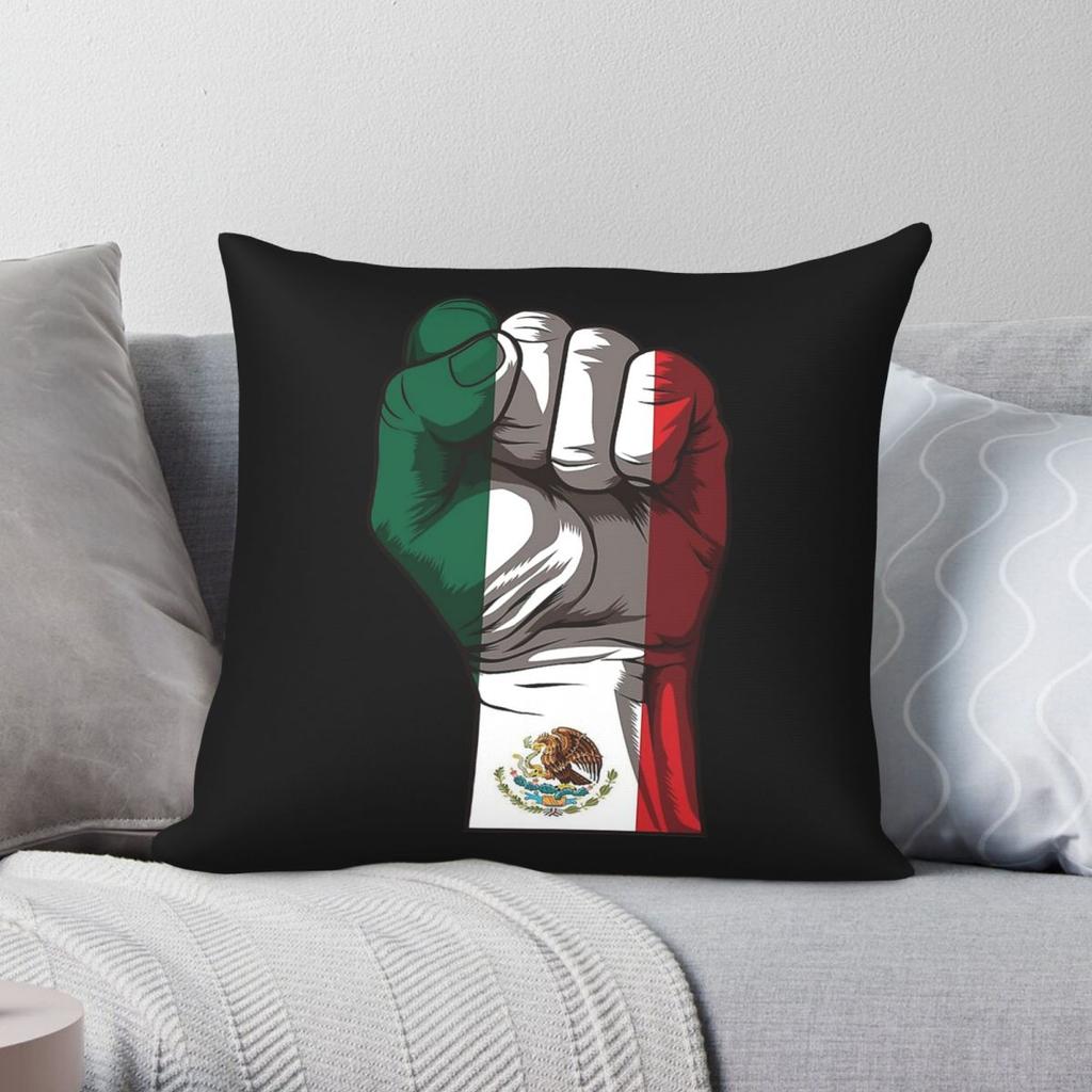 Raised Fist Mexican Flag Square Pillowcase Polyester Linen Velvet Pattern Zip Decorative Room Cushion Cover