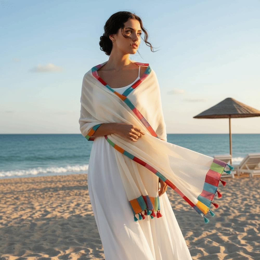 Tasseled Summer Shawl Color-Block Sunscreen Sarong Holiday Stole Beach Wrap Women