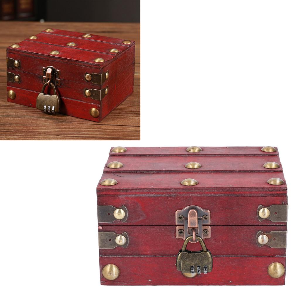 Vintage Wooden Storage Box 145x120x85mm Multifunctional Decorative Treasure Chest Box with 3 Bit Lock