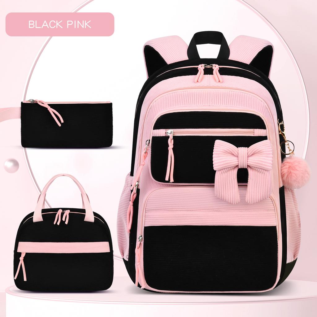 Corduroy Three-Piece Backpack Cherry Pattern Girl Heart Large Capacity Lightweight Backpack