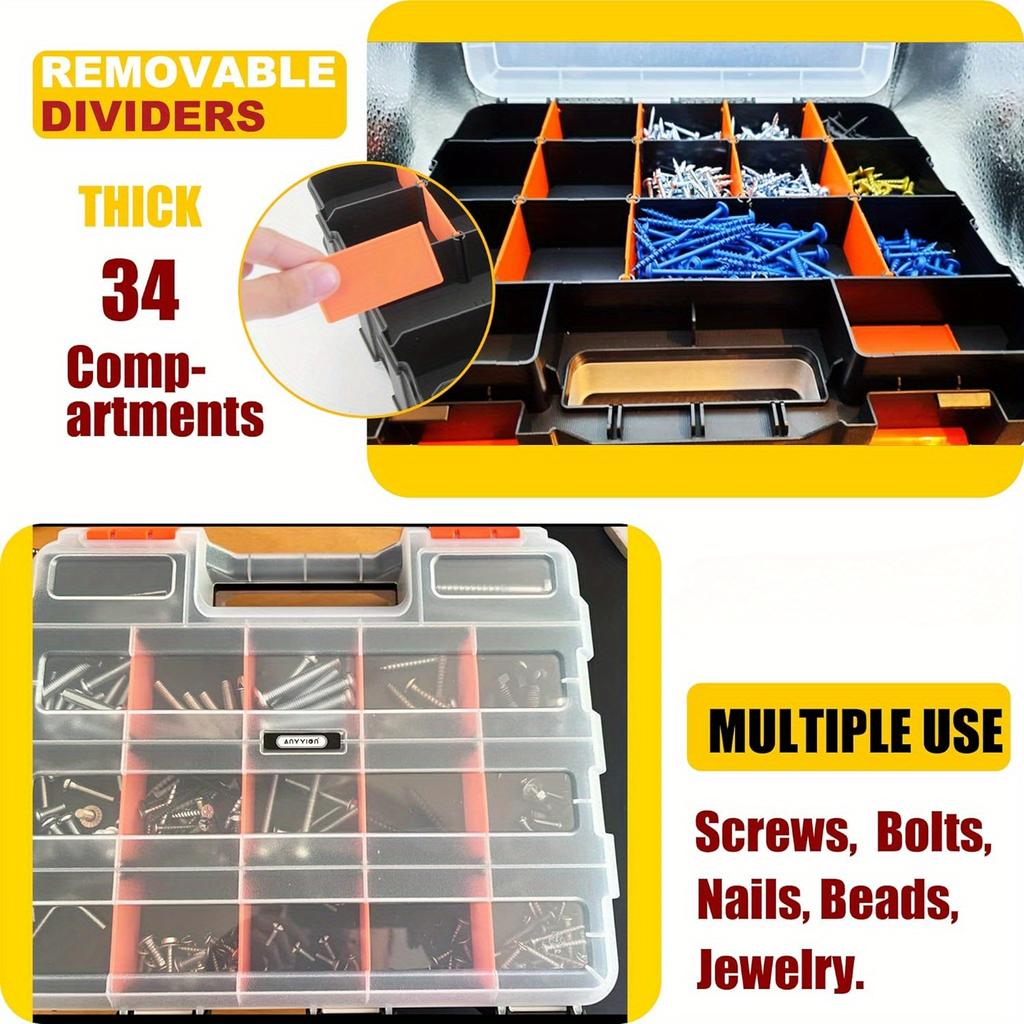 1pc Small Parts Organizer, 34-Compartments Double Side Parts Organizer with Removable Dividers for Hardware Screws, Bolts, Nails, Beads Jewelry & More