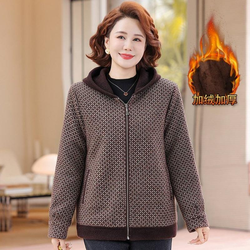 Winter Plush Thickened Woolen Jacket Medium Old Mother Outfit Versatile Loose Zipper Hooded Cardigan Top To Keep Warm