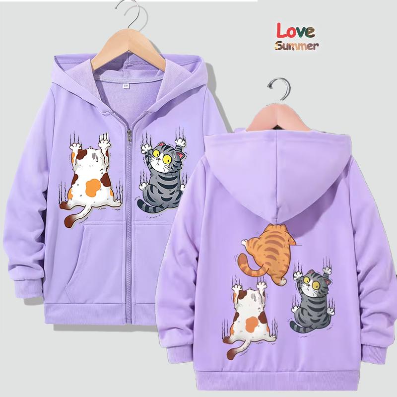 Panic Climbing Cat Front Back Trendy Design Unisex Youth Casual Hoodie Jacket Durable Light Purple Friendly Spring/Autumn Style