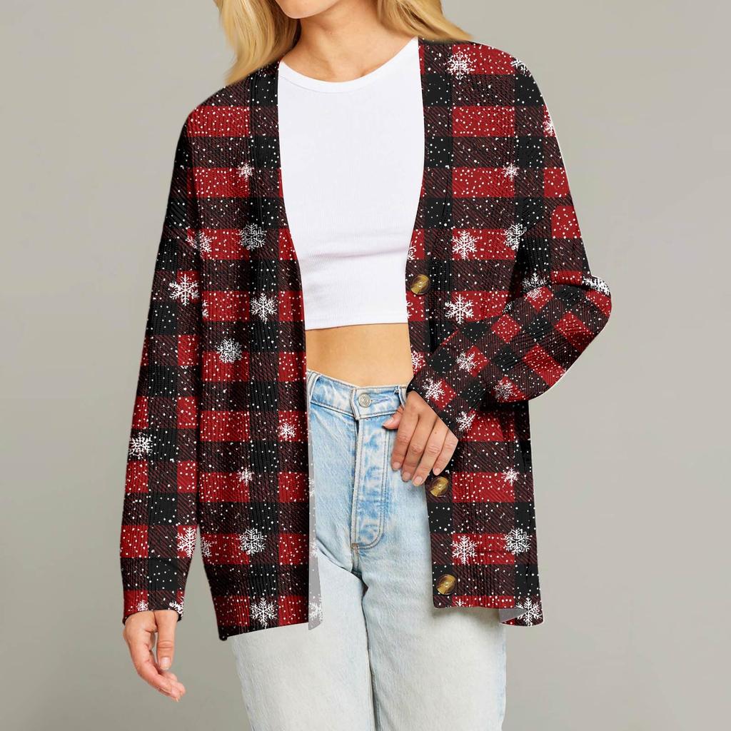 Women's Fashion Long Sleeve Christmas Print V-Neck Button Loose Cardigan Top