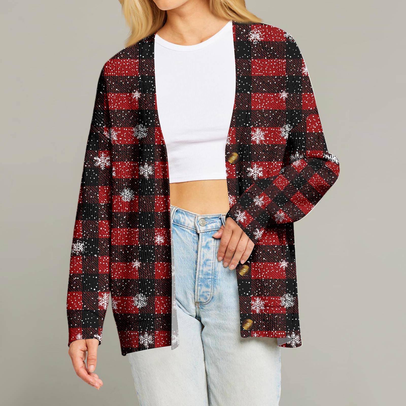 

Женский модный кардиган с длинным рукавом, V-образным вырезом, на пуговицах, свободного кроя, с рождественским принтом XL винный