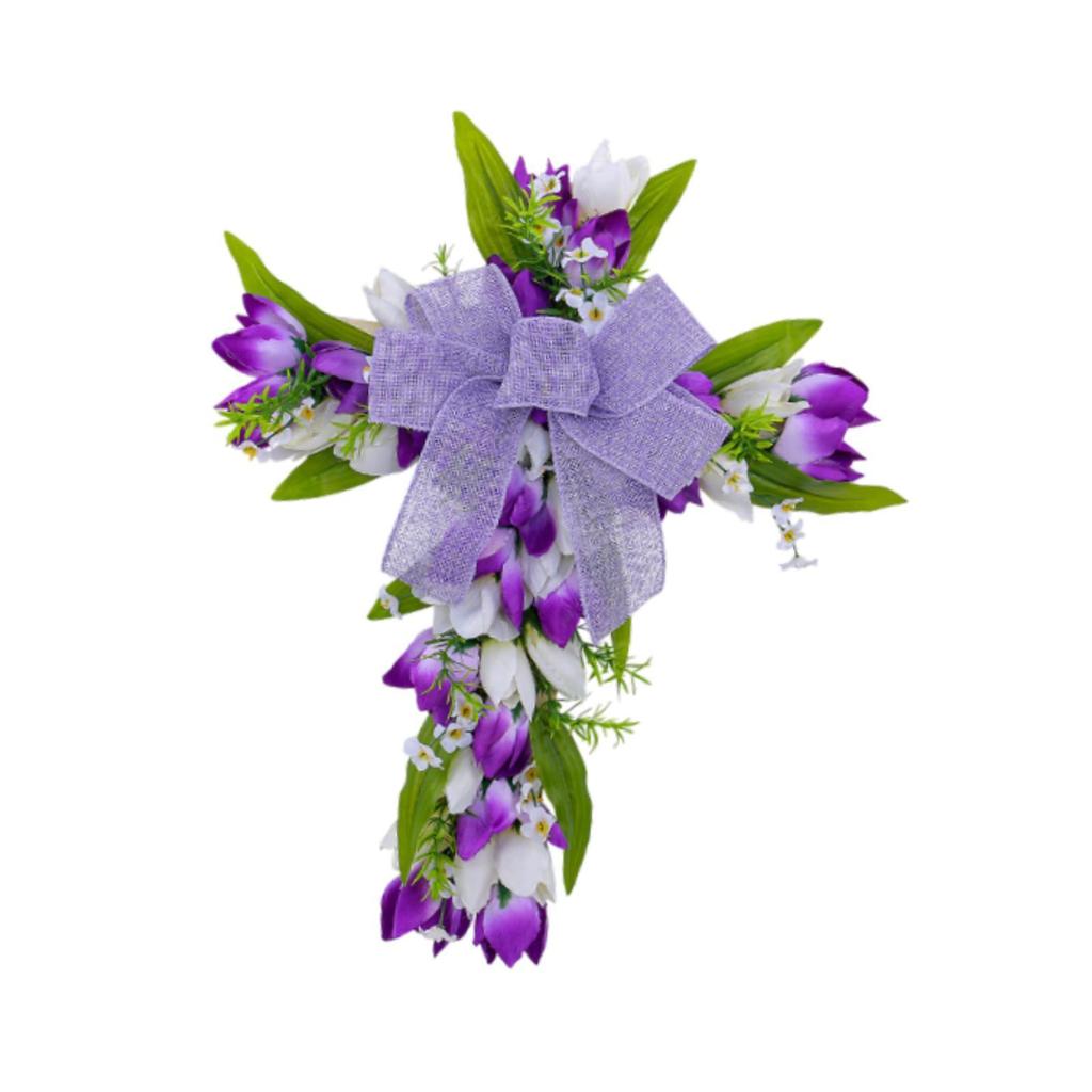 Artificial Flower Wreath Garland Hanger Easter Cross Wreath Tulip Door Wreath for Festival Front Door Indoor Window Housewarming