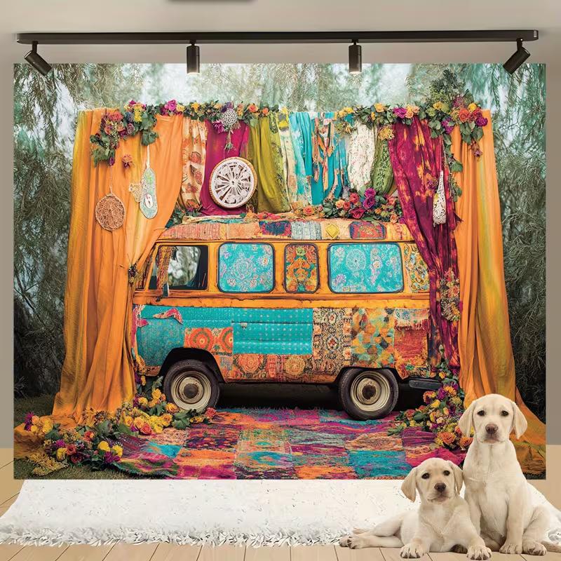 2D Boho Hippie Van Backdrop Colorful Retro Bus Photography Background