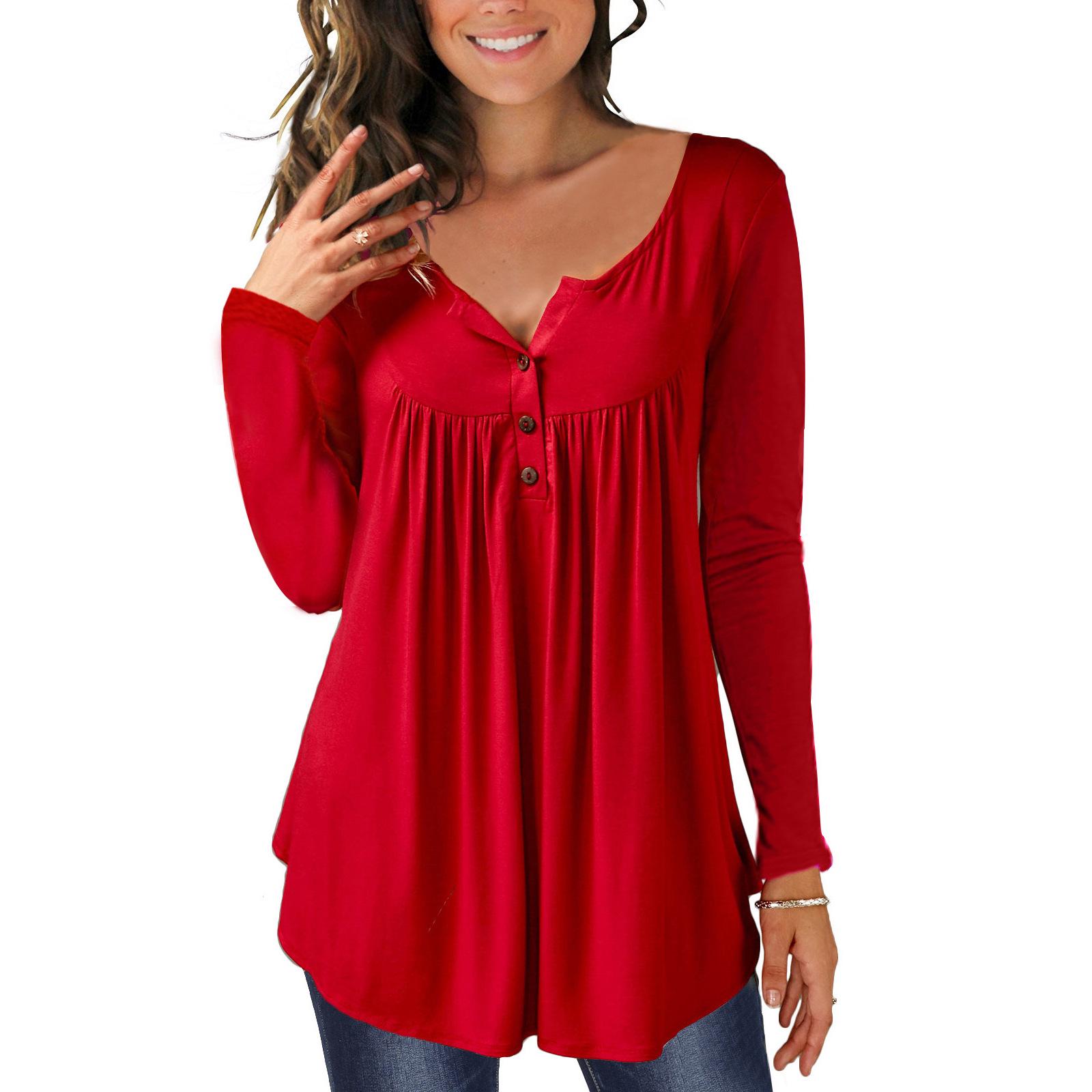

Женские повседневные свободные футболки с длинными рукавами, однотонные плиссированные туники на пуговицах, топы с v-образным вырезом, женские пуловеры, топы, летняя одежда 7XL красный
