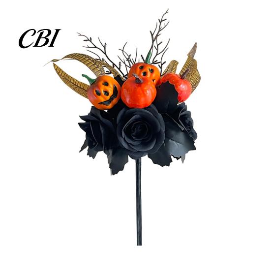 Autumn Harvest Bouquet Halloween Flowers Decorations, Black Artificial with Pumpkin Rose Eucalyptus Maple Leaf And Orange Floral Stems, Indoor