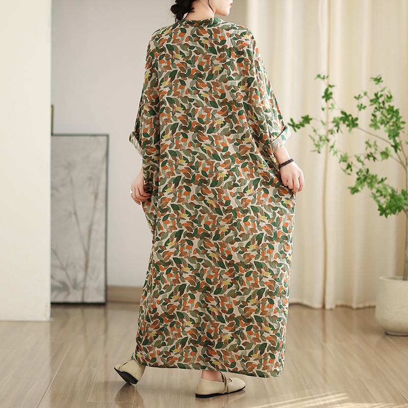 DIMANAF 2025 Women Plus Size Spring Summer Dress Basic Long Dress Leaf Printing Vintage Loose Long Sleeve