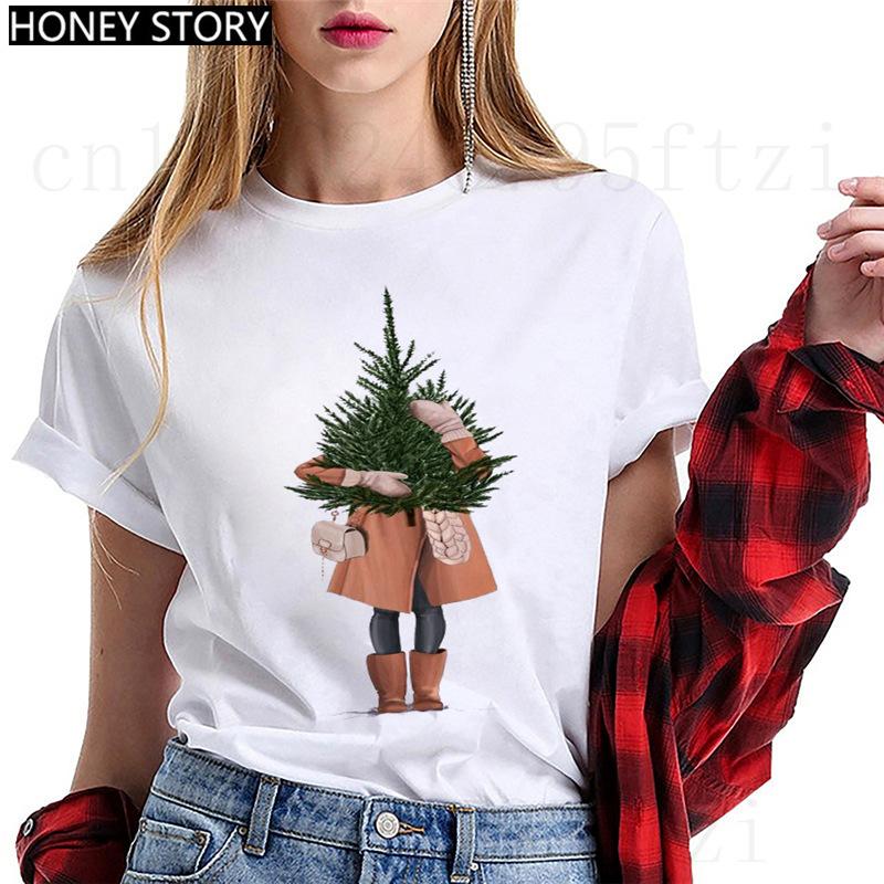 Fashion Cartoon Christmas Tree Graphic Women T-Shirts Summer Short Sleeve O-Neck Female Tops Streetwear Y2K Clothing