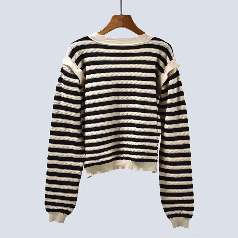 Same Style as Stars Design Sense Spring and Autumn Thick Knitted Stripes Drape Stitching Sleeves Cardigan V-neck Vest Vest Short